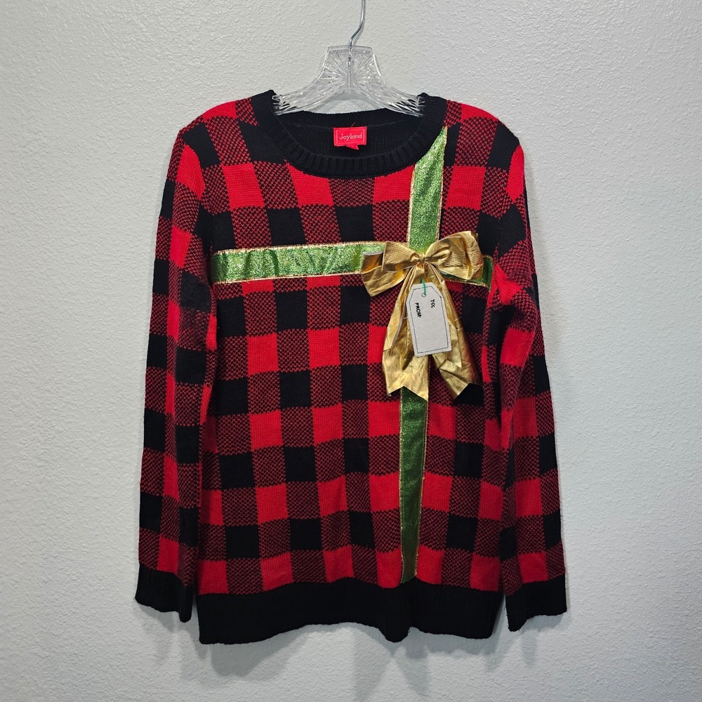 Joyland‎ Christmas Present with Bow Buffalo Plaid Christmas Sweater Size Medium